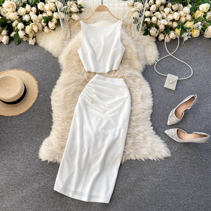 Summer Women Black/White Two Piece Set Vintage O-Neck Sleeveless Camis + High Waist Draped Midi Skirt Casual Suit New Fashion