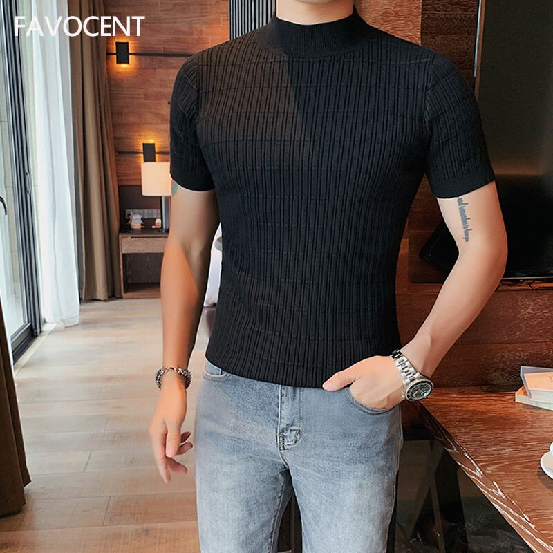 FAVOCENT Men Slim Half Turtleneck Sweaters Male Stripe Knit Bottoming Shirts