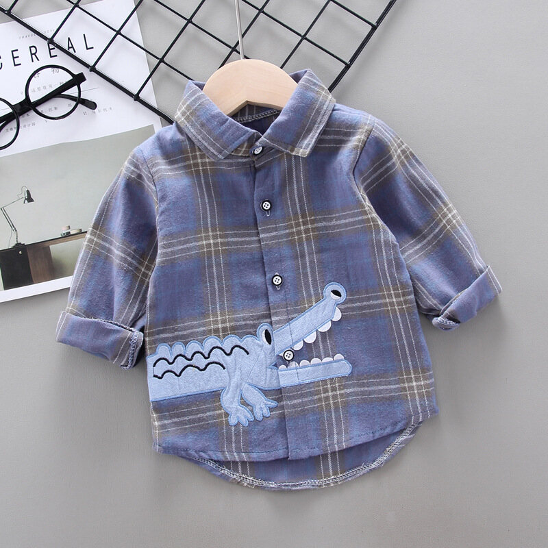 DIIMUU Toddler Baby Boys Shirts Kids Clothes Cotton Casual Cartoon Print Plaid Tops Children Clothes 1-4 Years