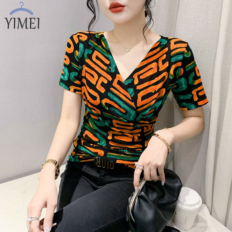 YIMEI Áo Thun Nữ Quảng Châu Đẹp 2023 Ngắn Tay Mùa Hè Mới Áo Nữ Thiết Kế Ôm Sát Cổ Chữ V Gợi Cảm