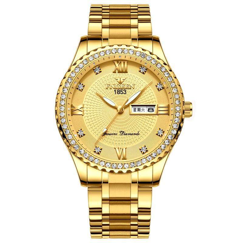 Fngeen S888 Kasual Modis Lokal Gold Bertatahkan Berlian Jam Tangan Bisnis Tali Baja Kalender Ganda Jam Tangan Kuarsa Bercahaya untuk Pria