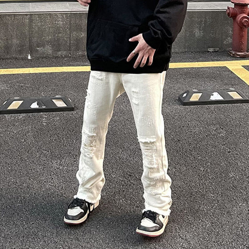 ST Đường Vắt Sổ Lỏng Nam Giả Quần Jean Rách Nam Hipster High Street Thẳng Hơi Loe Quần Dài Màu Đen