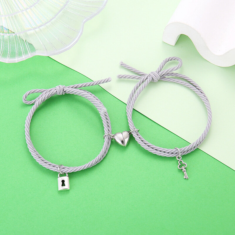 2 Pieces/ Set Couple Bracelet Alloy key Lock Heart-shaped Adjustable Bracelet Handmade Jewelry Rubber band Rope Bracelet Birthday Anniversary Gift for Women Men Boyfriend Girlfriend Him Her Best Friends