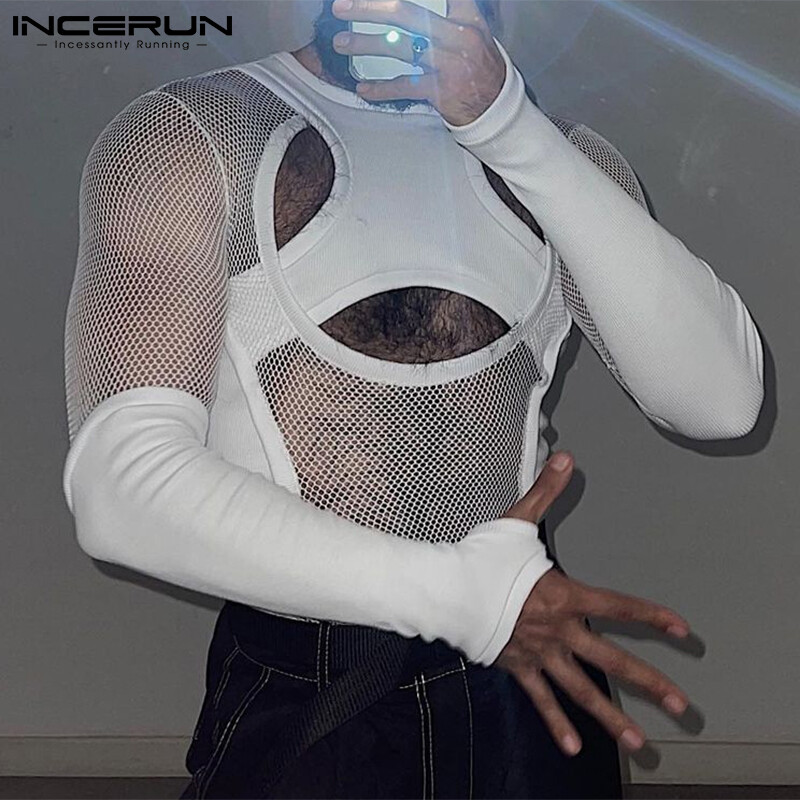 Incerun mens fishnet long sleeve hollow out fit tops party tee shirt