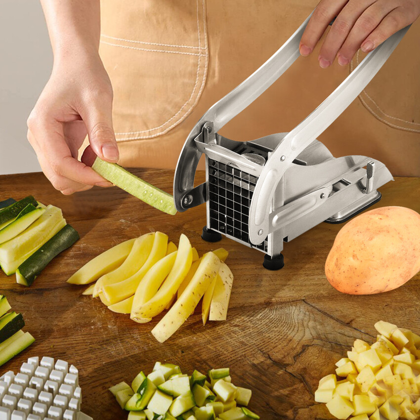 Potatoes Chips French Fries Cutter, Stainless Steel Chipper With 2 Slicer Blades And Secure Suction Base