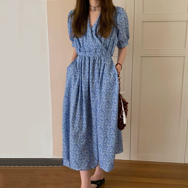 Hàn Quốc mùa hè Vintage V-Neck chéo cao eo nhỏ hoa bong bóng tay áo đầm đầm maxi nữ