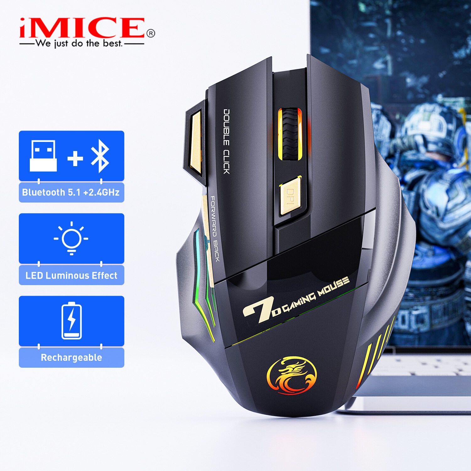 IMICE GW-X7 7 Key Double Click Free 2.4G Silent Rechargeable Dazzle ...