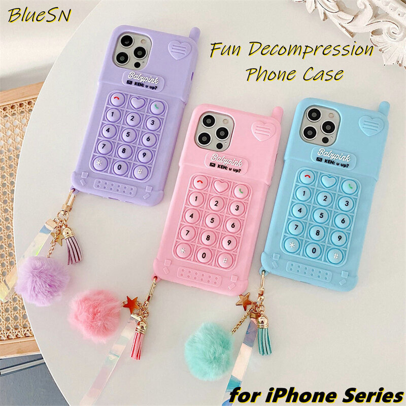 Colorful Retro Digital Button Happy Decompression Mobile Case for IPhone 14 Pro Max 13 Pro 14 12 Pro 11 Pro Max Soft Silicone Cover With Exquisite Pendant