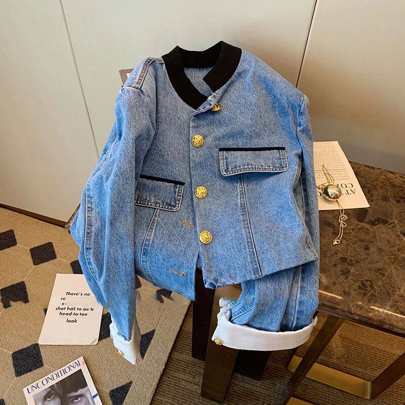 Stand Neck Vintage Little Spice Blue Denim Jacket for Women Fall 2023 Cropped Jacket Top Solid Color Denim Coat for Ladies