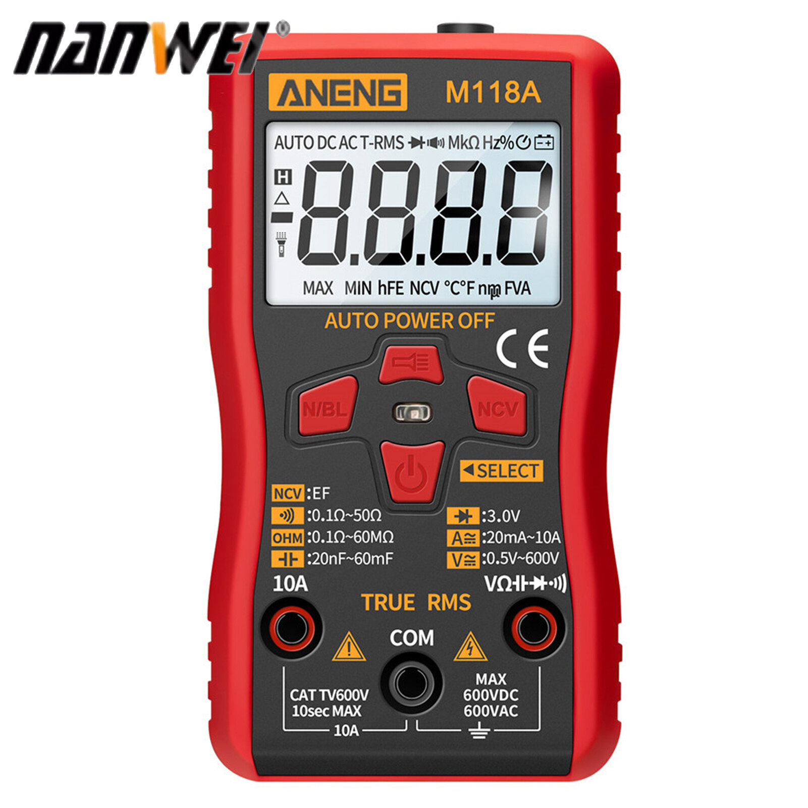 Nanwei aneng m118a auto ranging digital multimeter high-accuracy trms 6000 counts voltage current ohm capacitance diode multi tester