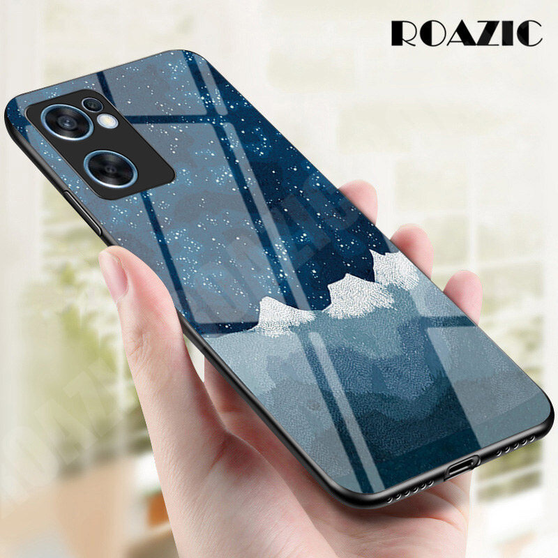 ROAZIC For OPPO Reno7 5G Phone Case Starry Luxury Slim Colorful Tempered Glass Casing Soft Silicone Edge Shockproof Cover Reno 7 5G