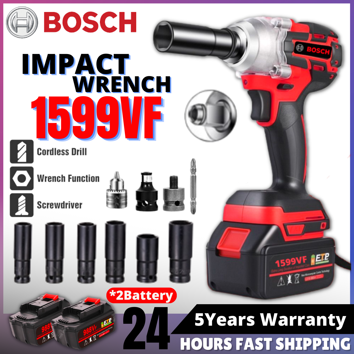 1599VF (3 IN 1) Impact Wrench 880N.m 6 Size Rechargeable Battery Impact