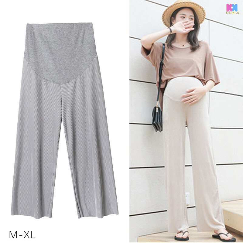 2020 Maternity Wear Waist Adjustable Pants Summer Wear Maternity Ice Silk Wide Leg Pants Thin Section Outer Wear Loose Pleated Maternity Cropped Pants