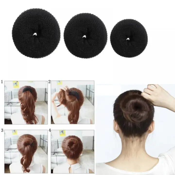 3 Pcs Sponge Women Hair Bun Ring Donut Shaper Maker 3 Sizes Black