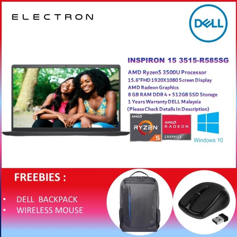 Dell Inspiron 15 3515 R585SG-W10 15.6 FHD Laptop Carbon Black ( Ryzen 5 3500U, 8GB, 512GB SSD, ATI, W10, HS ) Malaysia