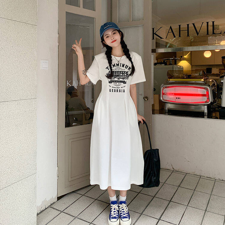 Maternity Dress Korean Style Plus Size Summer Short Sleeve Long T-shirt Pregnant Women Dress Fashion Loose Maternity Dress Pregnancy Casual Pleated Pregnant Dress