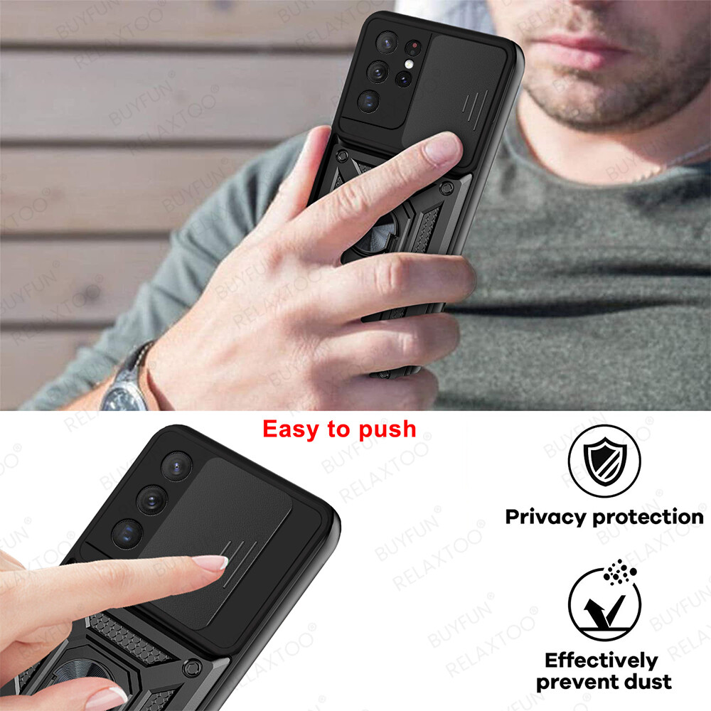 For Samsung Galaxy S21 Ultra Ring Stand Push Pull Camera Protect Case For Samsung Galaxy S20 S21Plus Ultra S20 FE S21 FE Car Magnetic Stand Ring Armor Shockproof Coque For Samsung Galaxy Note 20 Ultra