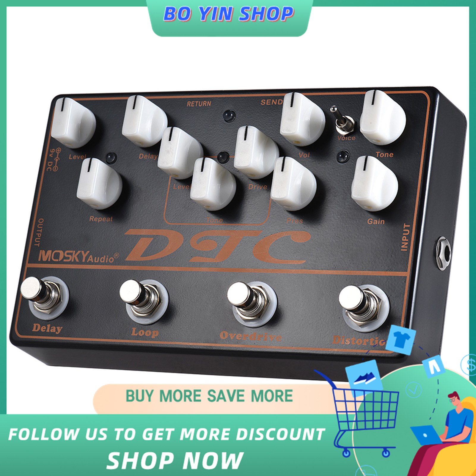 DTC 4-in-1 Electric Guitar Effects Pedal Distortion + Overdrive + Loop + Delay