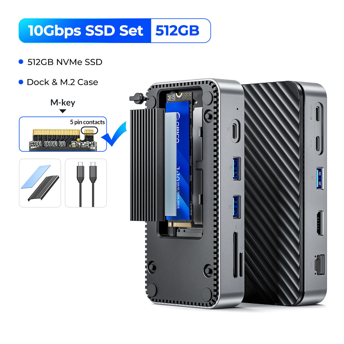Orico usb c hub with cooling fan m.2 nvme sata ssd enclosure external 10gbps 4k 60hz hdmi rj45 sd/tf docking station