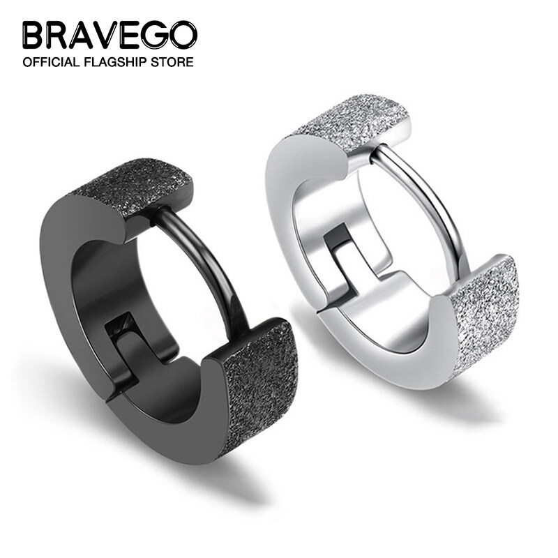 Bravego 1 Đôi Khuyên Tai Vòng Thép Titan Mặt Mờ Phong Cách Punk Cho Nam