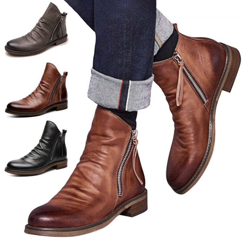 Mens Classic Leather Dress Casual Chelsea Zip Slip On Ankle Boots Booties Shoes