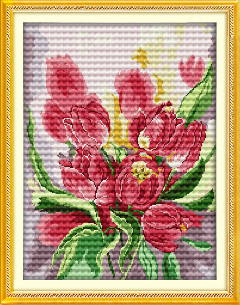 Cross Stitch Kits Embroidery Needlework Sets Beginners Printed Fabric Joy Sunday 11CT 14CT DIY Hand Embroidery Patterns Kit- Pink tulip