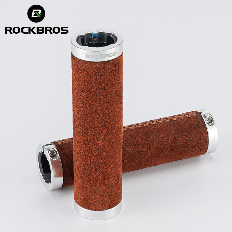 ROCKBROS Bicycle Grips Leather Handle Bar Grips Ergonomics Handlebar Grip Shockproof Bilateral Lock Non-slip Cycling Accessorie