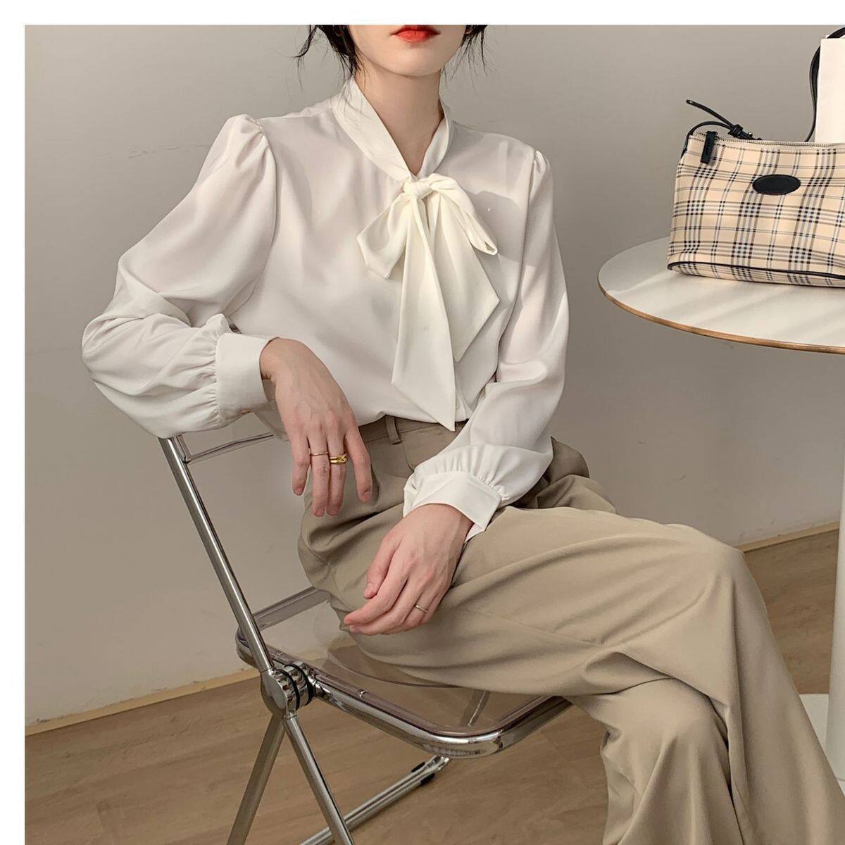 Bowknot Shirt Women's Long-sleeved Chiffon Tops