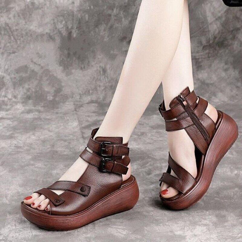 Fashionable2022 Fish Mouth High Quality Soft PU Leather And Cowhide Summer Roman Shoes Women Sandals Platform Heighten Shoe Wedges Sandals