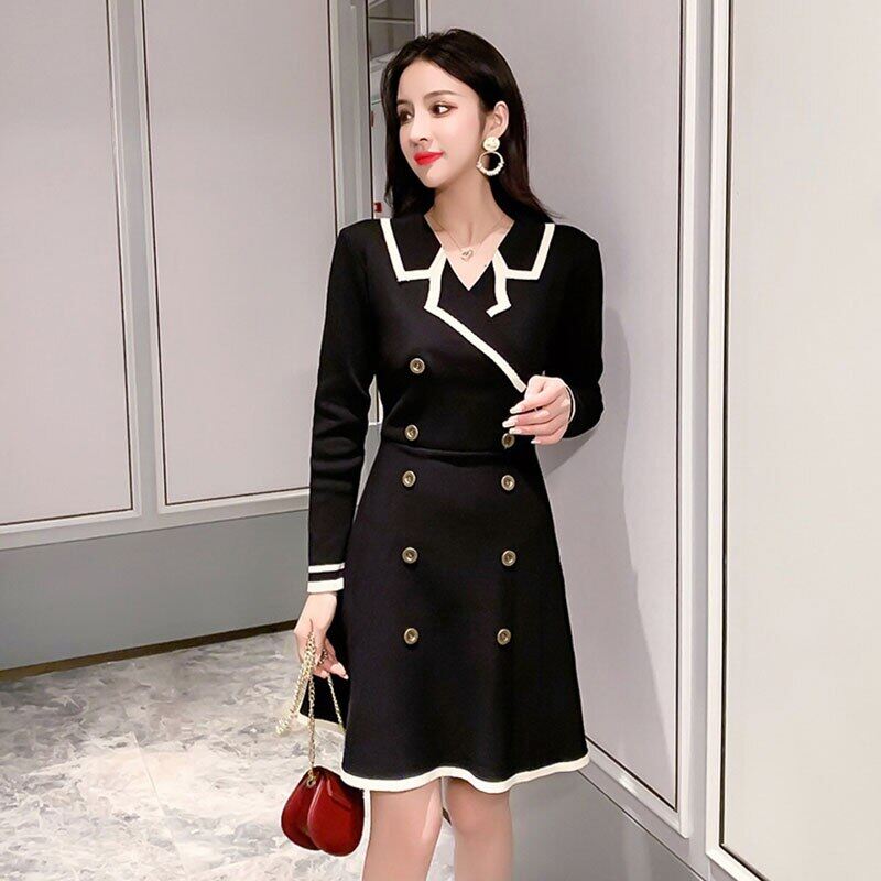 Women's Autumn Dresses New Long-sleeved Short French Retro Dresses with Waist Slimming and Gentle A-line Knitted Dress P