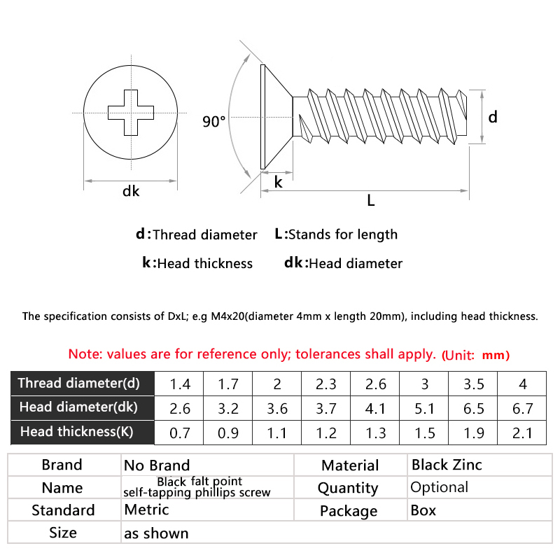 Kích thước nhỏ M1.4 m1.7 M2 m2.3 m2.6 M3 M3.5 M4 Đầu chìm kẽm đen đuôi phẳng Tự khai thác vít Phillips bu lông mét dài 4-20mm Công cụ tự làm
