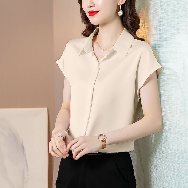 Lareine 2024 Phụ Nữ Của Áo Sơ Mi Ngắn Tay Cho Mùa Hè Phong Cách sang trọng Hàn Quốc Màu Trơn Áo công sở Cho Phụ Nữ