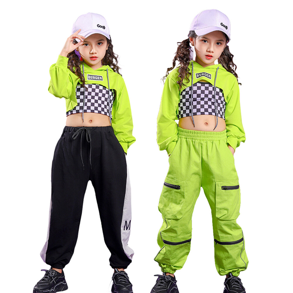 Lolanta 4-16 Years Girls Hip Hop Dance Clothes Green Crop Top Or Black White Pants / Plaid Vest Children Streetwear Performance Clothing