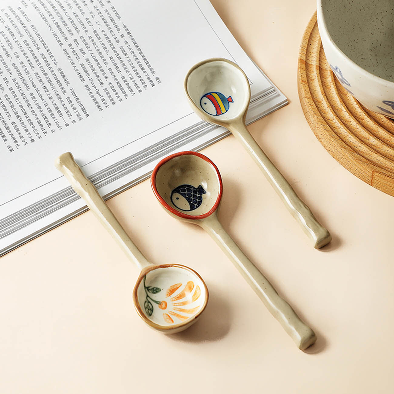 Homenhome Ceramic Spoon Multi-Function Chinese Style Scoop Porridge Spoon Tableware Soup Spoon For Home Restaurant