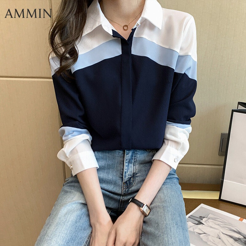 AMMIN 2023 New Lapel Contrast Color Slim Long Sleeve Shirt For Women Fashion Casual All-match Top Chiffon Blouse