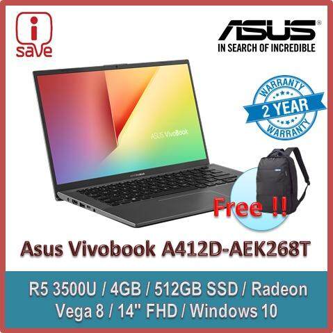 ASUS Laptop VIVOBOOK A412D-AEK268T 14 FHD Slate Grey (Quad Core R5-3500U, 4GB, 512GB SSD, Radeon Vega 8, W10) FREE ASUS BACKPACK Malaysia