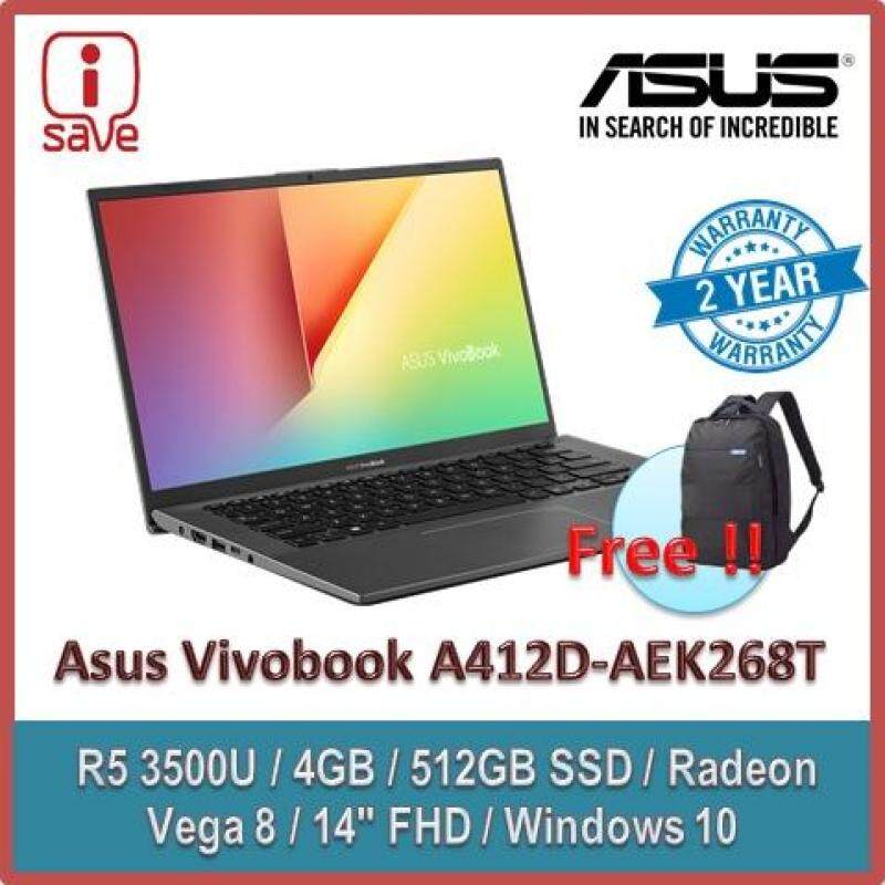 ASUS Laptop VIVOBOOK A412D-AEK268T 14 FHD Slate Grey (Quad Core R5-3500U, 4GB, 512GB SSD, Radeon Vega 8, W10) FREE ASUS BACKPACK Malaysia