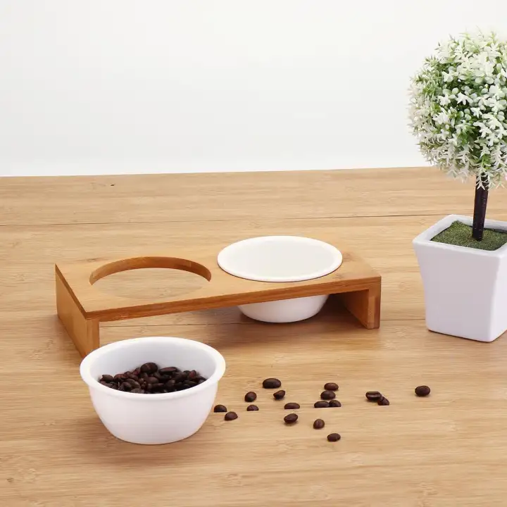 Elevated Dog And Cat Bamboo Pet Feeder Ceramic Bowl Raised Stand