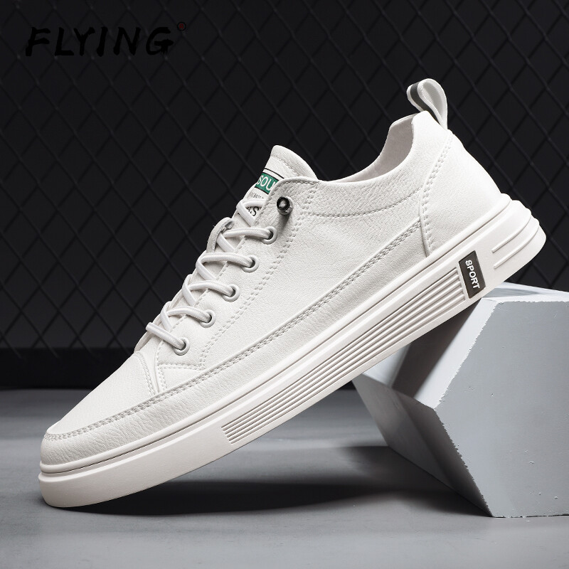 FLYING White Shoes Men's 2021 Autumn New All-match Trend Leather Panel Shoes, Students Casual Simple Solid Color Flat-bottom Trendy Shoes, Thin Breathable Non-slip Sports White Shoes