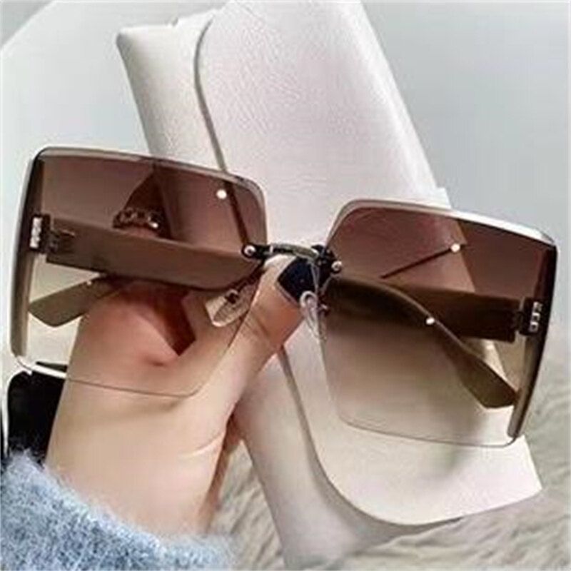 Rimless Square Sunglasses Fashion Oversized Frame Glasses for Women UV Protection Gradient Sun Glasses for Driving Travel Glasses