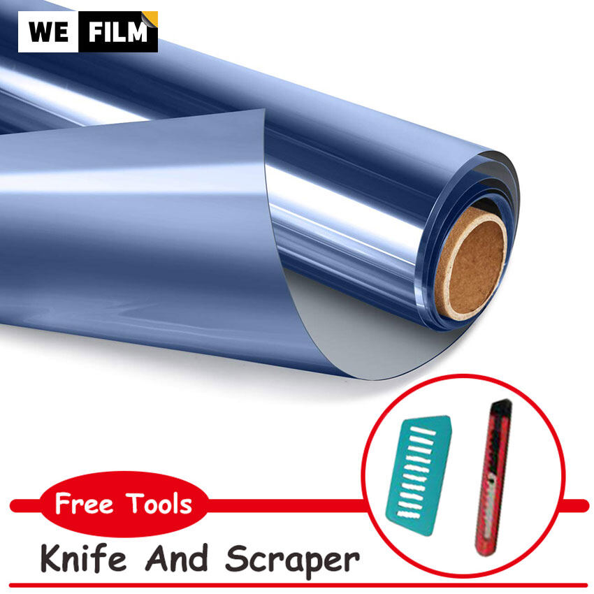 Blue Silver Window Film Heat Insulation UV-Proof Protect Privacy One-Way Mirror Glass Stickers for Home or Office with Free Tools(30,50,60,70,80,90,100,152cm)