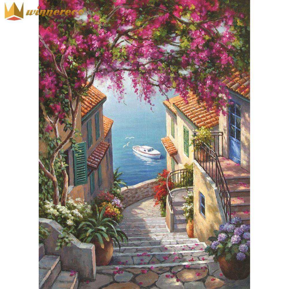 DIY Diamond Painting Coastal Town Path 5D Full Round Rhinestone Art Picture