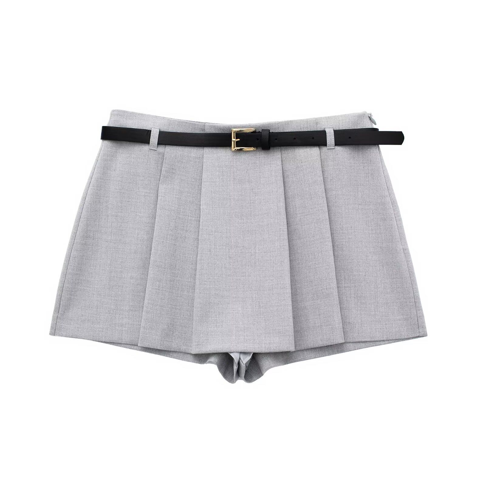 Willshela Women Fashion Grey Skort Female High Waist With Belt Female Chic Lady Casual Basic Skirt Shorts