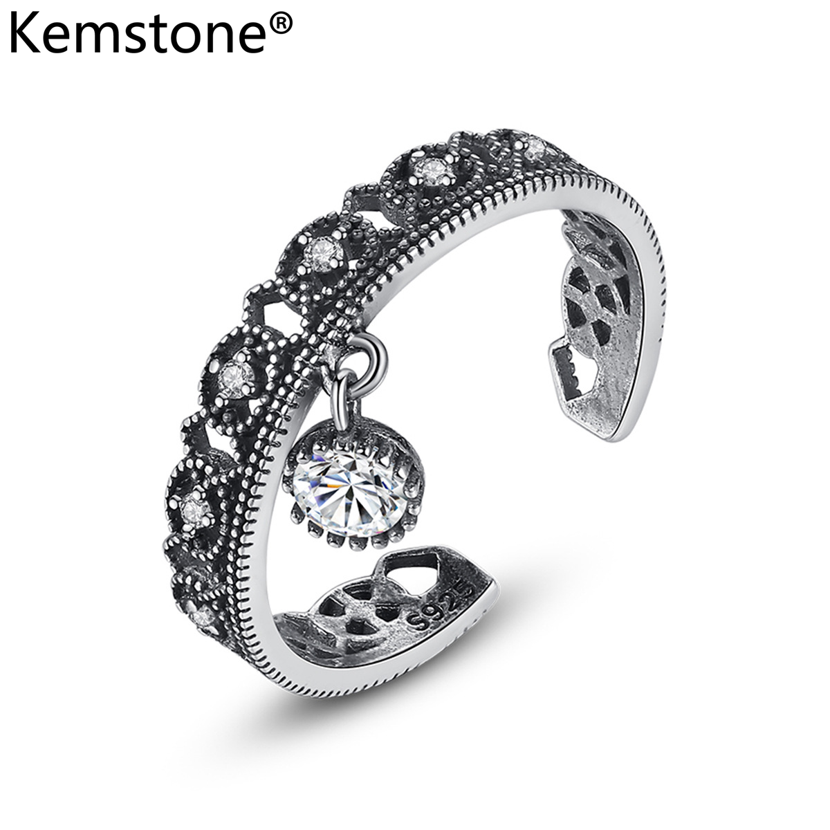 Kemstone Vintage 925 Thai Silver Crystal Grey Color Adjustable Cuff Ring for Female Women's Jewelry Gift