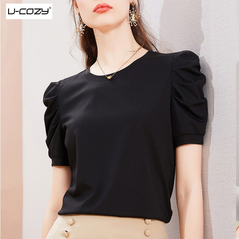 Korean Cotton Women Round-neck T-Shirts Plain Puff sleeve Tops