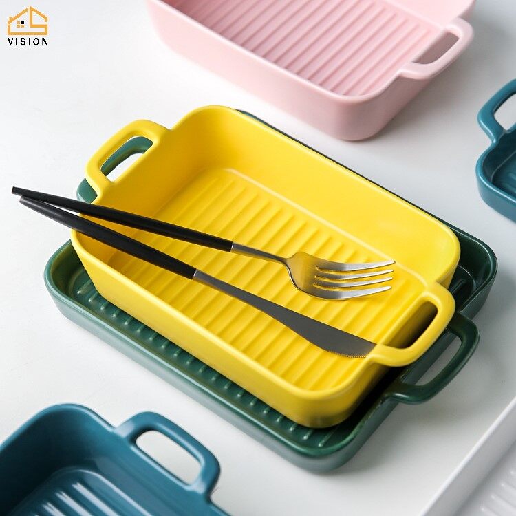 Khay Nướng Bánh Bằng Gốm Vision Chảo Phong Cách Bắc Âu Đĩa Ăn Tối Kích Thước Lớn Đĩa Nướng Có Tay Cầm