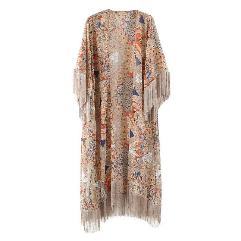 Womens Summer Half Sleeve Chiffon Cardigan Boho Retro Geometric Floral Printed Fringed Tassels Patchwork Bikini Cover Up Ankle Length Kimono Cape
