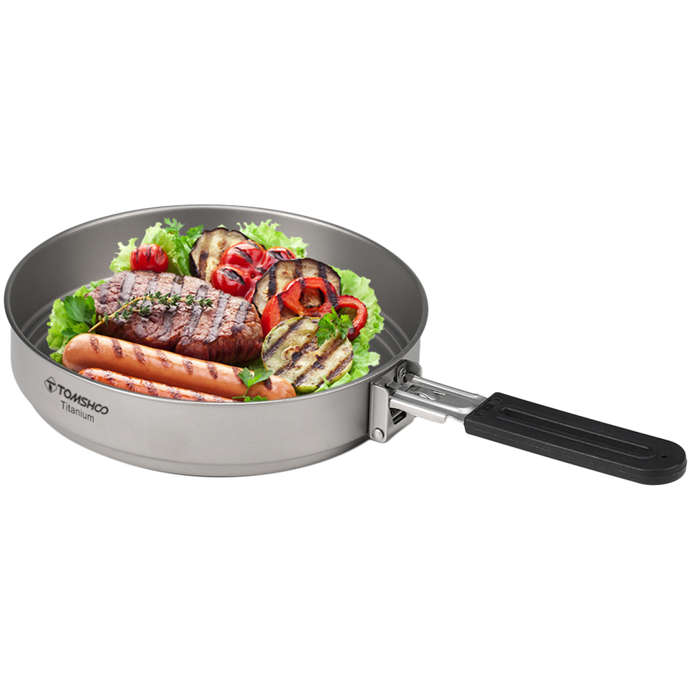 1100ml Titanium Fry Pan Ultralight Grill Frying Pan with Folding Handle for Outdoor Cooking Camping Hiking Backpacking