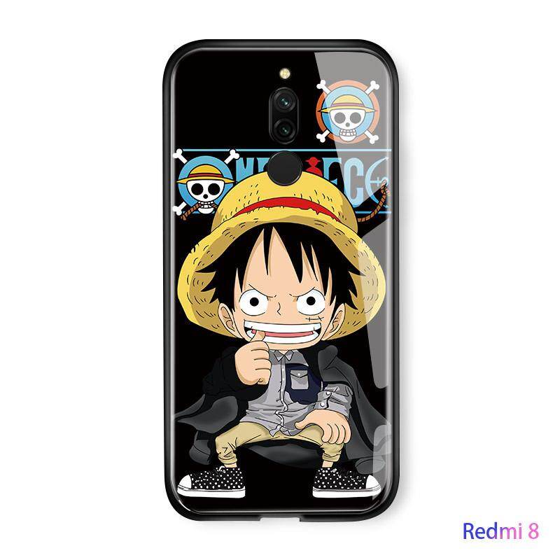 UCUC For Xiaomi Redmi 8 Glass Phone Case, Classic Fashion Soft Edge Anime Luffy Glossy Casing Tempered Glass Shockproof Back Case Cover
