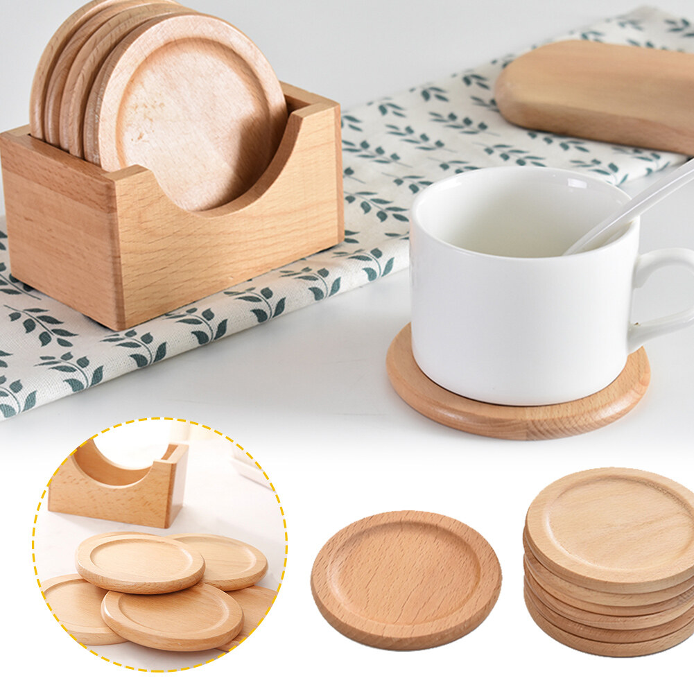 BC Japanese-Style Wooden Coaster Wooden Coaster Box Beech Walnut Round Shape Solid Wood Tea Cup Pad Tea Set